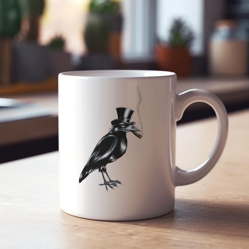 Vintage Black Crow Mug With Top Hat and Cigar, Stylish Coffee Cup for
