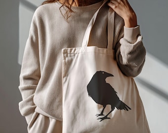 Hermosa bolsa de mano con silueta de cuervo negro, bolsa de lona de algodón con motivos góticos del norte, regalo de Halloween de brujas, amante de la naturaleza y la fantasía oscura.