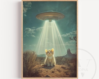 Arte mural imprimible de gato OVNI, divertido póster de gatito abducido por extraterrestres, pintura surrealista de gato de ciencia ficción, adorable decoración cósmica para mascotas, descarga digital P0033