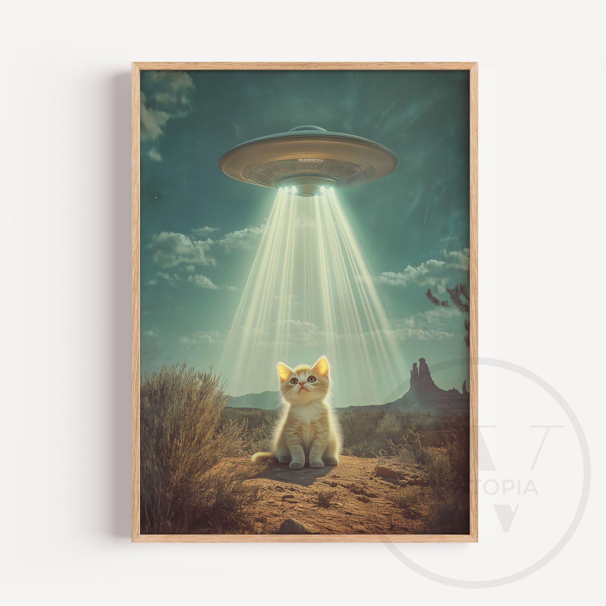 UFO Cat Wall Art Printable, Funny Alien Abduction Kitten Poster