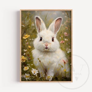 Fluffy White Bunny Wildflower Print, Vintage Rabbit Painting, Cottagecore Animal Art, Nursery Decor, Printable Wildlife Wall Art Gift P0001