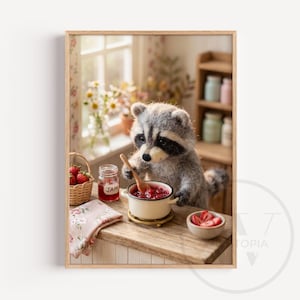Felt Raccoon Wall Art Print, Stirring Strawberry Jam Pot, Funny Animal Kitchen Decor, Whimsical Cottagecore Gift, Digital Download P0112