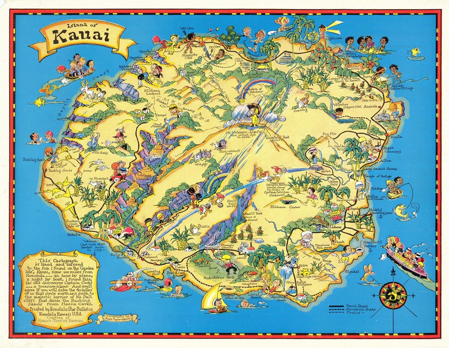 Old Map of Kauai, 1931, Pictorial, Antique, Fine