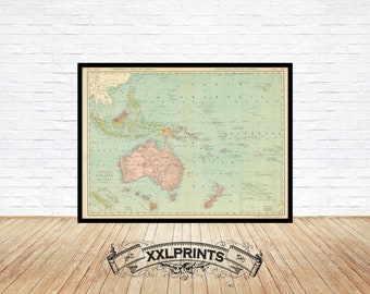 Old map of Oceania, 1900, fine reproduction, large map, fine art print, oversize map print