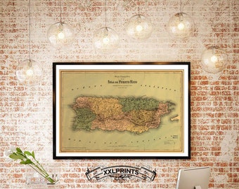 Antique map of Puerto Rico, 1886, fine reproduction, oversize map print, fine art print, antique decor