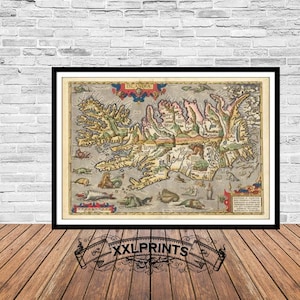 Ancienne carte d'Islande, 1595, carte très rare, carte ancienne, belle reproduction, grande carte, impression d'art, décor antique, impression de carte surdimensionnée