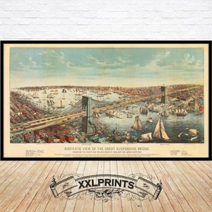 Old bird's eye view of Brooklyn Bridge, 1883, fine reproduction, fine art print, oversize print