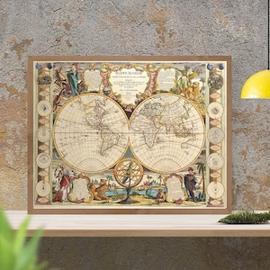 May include: A vintage world map print in a wooden frame. The map is in a light brown color with a gold border. The map shows the continents of North America, South America, Europe, Asia, Africa, and Australia. The map is surrounded by decorative illustrations of people, animals, and plants.