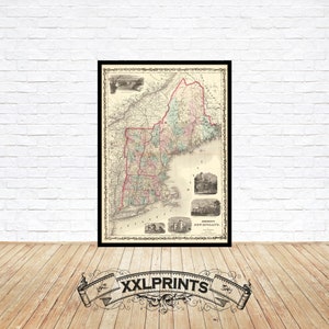 Oude kaart van New England, 1861, zeldzame, antieke kaart, fijne reproductie, grote kaart, fine-artprint, antiek decor, extra grote kaartafdruk