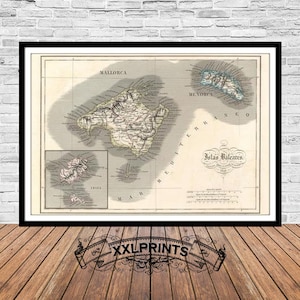 Old map of Balearic Islands, Majorca, Minorca, Ibiza, 1846, rare map, fine reproduction, large map, fine art print, oversize map print