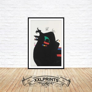 May include: A black and white abstract art print featuring a black figure with colorful accents. The figure has a green, red, yellow, and blue design on its head and neck. The background is white with a few small, colorful dots.