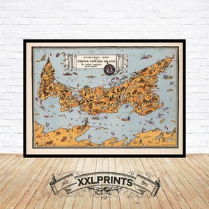 Old animated map of Prince Edward Island, 1929, Provinces of Canada, fine reproduction, fine art print, oversize print