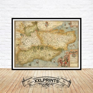 May include: A framed vintage map with a black border, displayed against a white brick wall and wooden floor. The map features detailed illustrations and text, with a banner at the bottom that reads "XXLPRINTS".