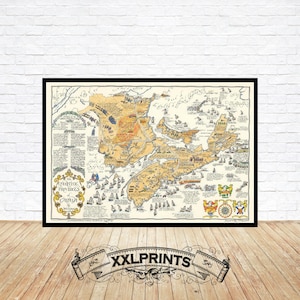 Ancienne carte illustrée des provinces maritimes du Canada, 1963, belle reproduction, grande carte, impression d'art, impression de carte surdimensionnée