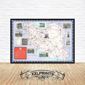 Op de afbeelding: Een vintage wegenkaart van Iran met een blauwe en witte rand. De kaart toont belangrijke steden, wegen en geografische kenmerken. De kaart is omringd door kleine afbeeldingen van bezienswaardigheden en gebouwen in Iran. De kaart heeft de titel "Road Map of Iran".