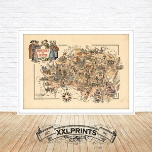 Antigo mapa pictórico da Província do Centro, França, 1951, Províncias da França, reprodução fina, mapa grande, impressão de belas artes, impressão de mapa em tamanho grande