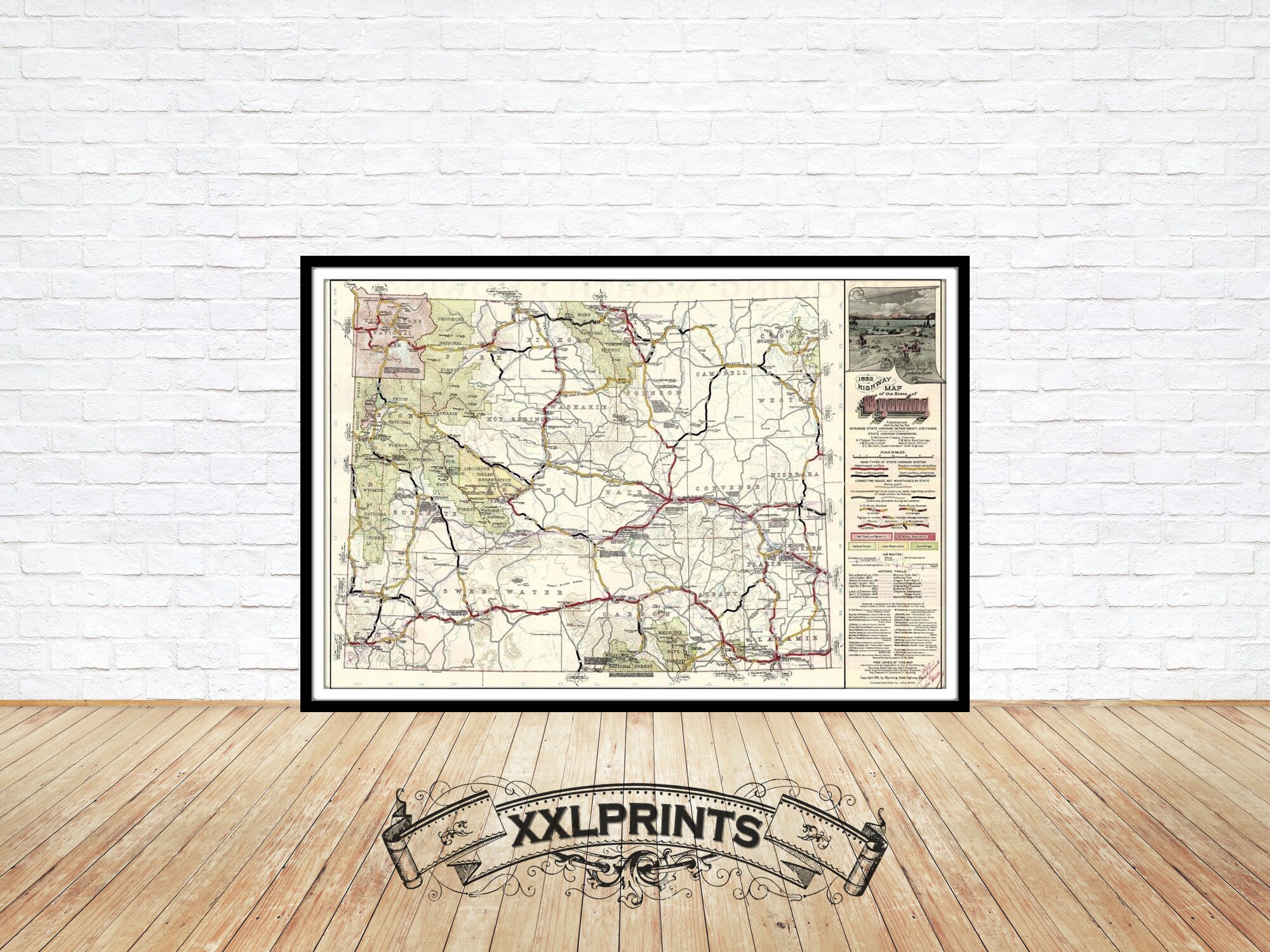 Wyoming Map Print: 1932 Antique State Highways Art