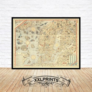 Ancienne carte carta marina des terres du Nord, Scandinavie, 1539, carte très rare, belle reproduction, grande carte, impression d'art