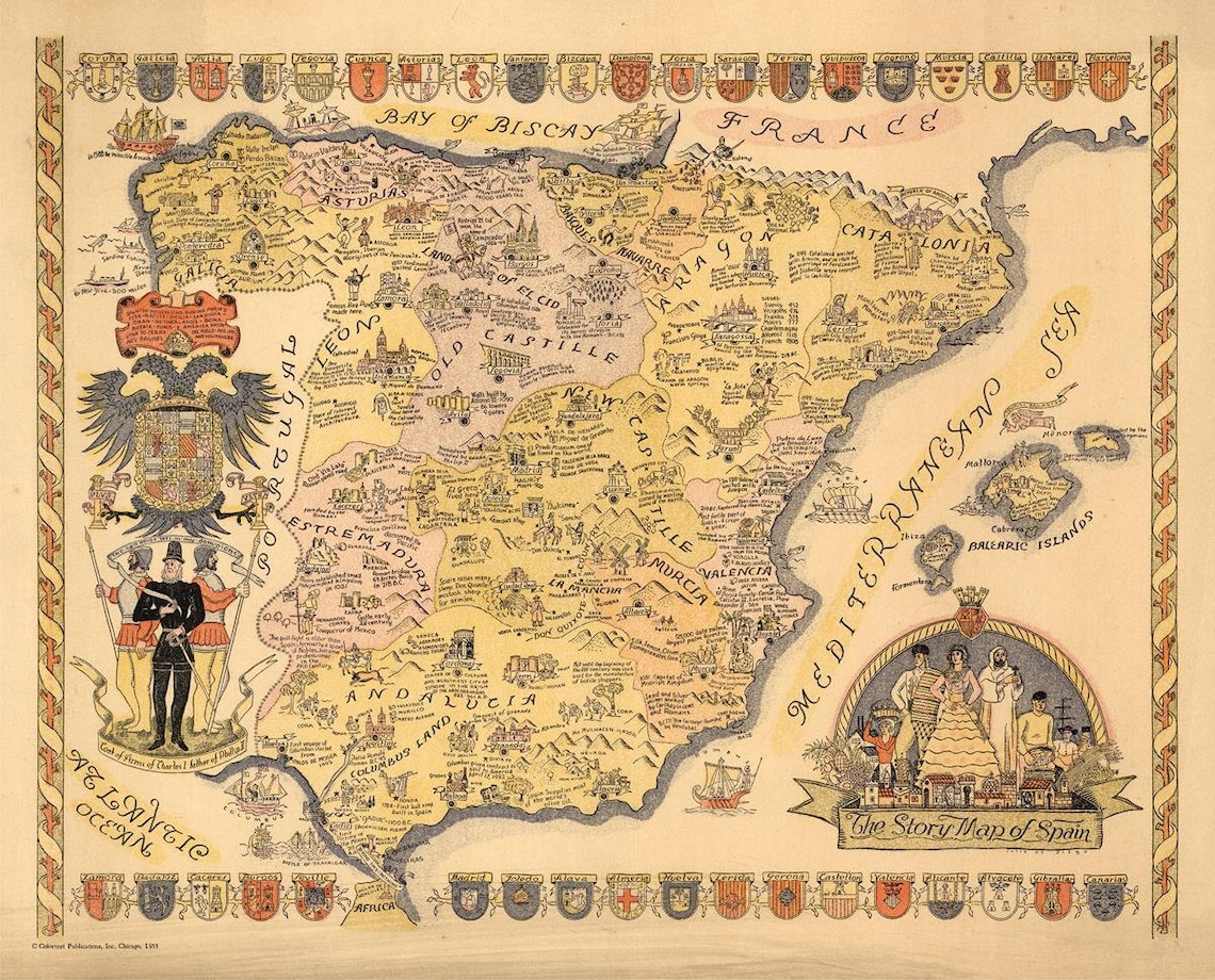 Old Map of Spain 1935 Story Map Pictorial Map Fine | Etsy