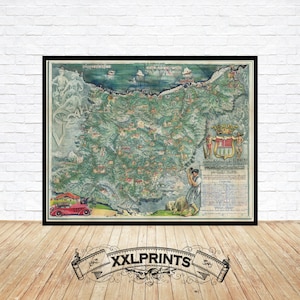 Ancienne carte de la province de Guipuzcoa, Pays basque, 1944, belle reproduction, grande carte, impression d'art, impression de carte surdimensionnée