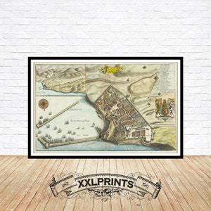 Carte ancienne de Tanger, Maroc, 1670, vue en perspective, très rare, belle reproduction, grande carte, impression d'art, impression de carte surdimensionnée
