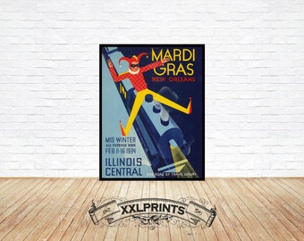 May include: Vintage travel poster advertising a Mardi Gras all-expense tour to New Orleans on the Illinois Central Railroad. The poster features a jester in a red and yellow costume, a train, and the text "Mardi Gras New Orleans, Mid-Winter All Expense Tour Feb 11-16 1934 Illinois Central The Road of Travel Luxury."