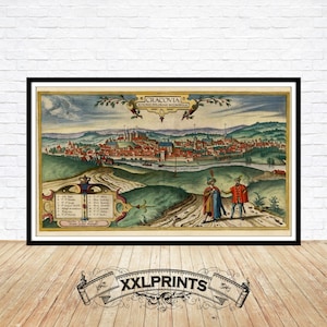 Alte Karte der Stadt Krakau aus der Vogelperspektive, 1617, sehr seltene, feine Reproduktion, große Karte, Kunstdruck, antikes Dekor, Kunstdruck der Karte