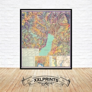 Mapa antigo do Lago de Garda, Riva Del Garda, Trento, Itália, 1956, reprodução fina, mapa grande, impressão de belas artes, impressão de mapa em tamanho grande