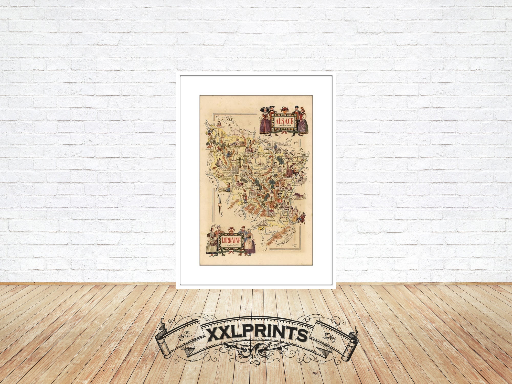 Old pictorial map of Alsace and Lorraine, 1951, Provinces of France, fine reproduction, large map, fine art print, oversize map print
