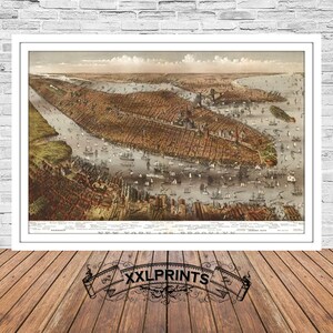 Luftaufnahme von New York, Brooklyn, 1875, Vogelperspektive, feine Reproduktion, große Karte, Fine Art Print, antike Dekoration, Oversize-Kartendruck