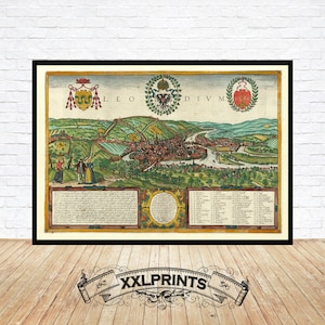 Antike Landkarte von Liege, 1572, sehr selten, aus der Vogelperspektive, Schrägansicht, feine Reproduktion, große Landkarte, Fine Art Druck, Übergröße Landkarte