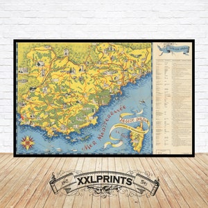 Antigo mapa turístico e de monumentos da Riviera Francesa, 1950, mapa pictórico da Côte d'Azur, reprodução fina, mapa grande, impressão de belas artes