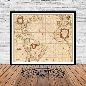 Mapa antiguo del océano Atlántico, 1680, mapa de navegación, mapa raro, reproducción fina, mapa grande, impresión de bellas artes, decoración antigua, impresión de mapa de gran tamaño