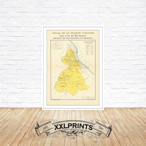 Mapa antiguo de los viñedos de Burdeos, Sauternes y Barsac, 1940, excelente reproducción, mapa grande, impresión de bellas artes, impresión de mapa de gran tamaño