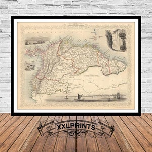 Alte Landkarte von Venezuela, Neugranada, Equador, Guayanas, 1851, Antike Landkarte, Feine Reproduktion, große Karte, Fine Art Druck, Übergröße Karte