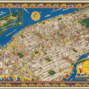 Mappa pittorica di Manhattan del 1926, mappa digitale antica, mappa vintage, carte per album con vecchie texture, download immediato