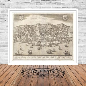 Carte ancienne de Lisbonne, Portugal, 1635, carte extrêmement rare, belle reproduction, grande carte, impression d'art, décor antique, impression de carte surdimensionnée