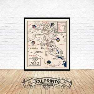 May include: Framed vintage map of Iraq, with detailed illustrations of landmarks and geographical features. The map is in a black frame, displayed against a white brick wall. The title "Map of Iraq" is at the bottom. The map is a vintage style.
