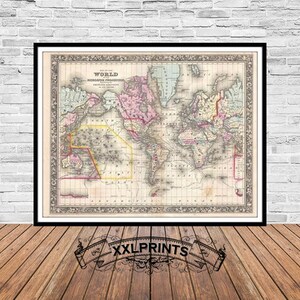 1861 World Map Print: Rare Antique Fine Art Reproduction