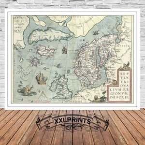 Alte Landkarte von Skandinavien, Island,Grönland,1572,sehr seltene Karte,Reproduktion,große Landkarte,fine art print,antike Dekoration