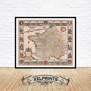 Mapa antigo da França, 1633, mapa extremamente raro, antigo, reprodução fina, mapa grande, impressão de belas artes, decoração antiga, impressão de mapa grande