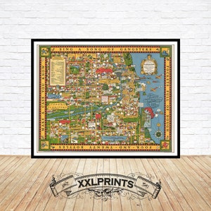 Oude kaart van Chicago Gangland, 19e-eeuwse geïllustreerde kaart, fijne reproductie, grote kaart, fine-artprint, antiek decor, extra grote kaartafdruk