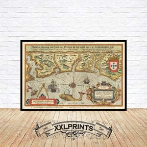 Mapa antiguo de la costa de Portugal, 1583, antiguo, muy raro, buena reproducción, mapa grande, impresión de bellas artes, impresión de mapa de gran tamaño