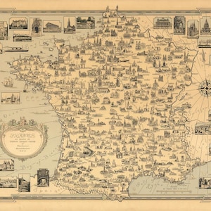 Mapa turístico da França de 1935, 1935, Digital Antique, Mapa Vintage, Papéis de Scrapbook com Texturas Antigas, Download Instantâneo