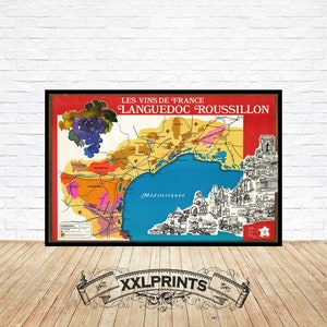 Ancienne carte des vins de la région du Languedoc Roussillon, 1965, carte illustrée, belle reproduction, grande carte, impression d'art, impression de carte surdimensionnée