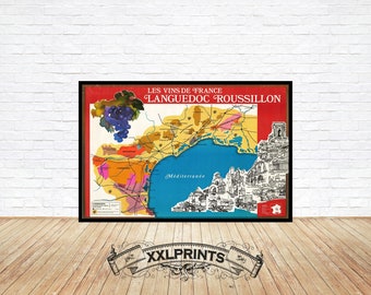 Old wine map of Languedoc Roussillon region, 1965, pictorial map, fine reproduction, large map, fine art print, oversize map print