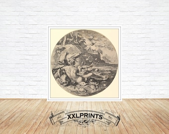 May include: A black and white engraving depicting a mythological scene with a nude figure lying on a rocky shore. The figure is surrounded by sea creatures and birds. The engraving is framed in a white frame.