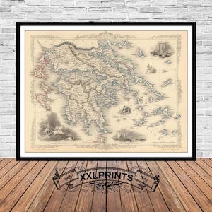 Carte ancienne de la Grèce, Corfou, îles Ioniennes, 1851, carte ancienne, belle reproduction, grande carte, impression d'art, décor antique, impression de carte surdimensionnée
