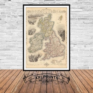 May include: An antique map of Great Britain and Ireland, printed in black and white with hand-colored details. The map shows the counties of each country, as well as major cities and towns. The map is framed in a simple black frame.