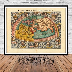Ancient map of the World, 1552, extremely rare map, very old, fine reproduction, large map, fine art print, antique decor,oversize map print